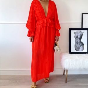 Ruffle Plunging Pleated Maxi Dress